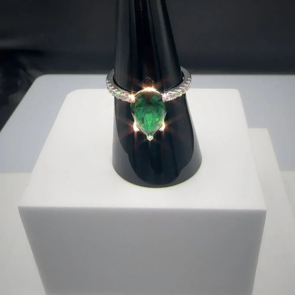 Sterling Silver Ring With Pear-Cut Green Gemstone & Pave Accent Stones